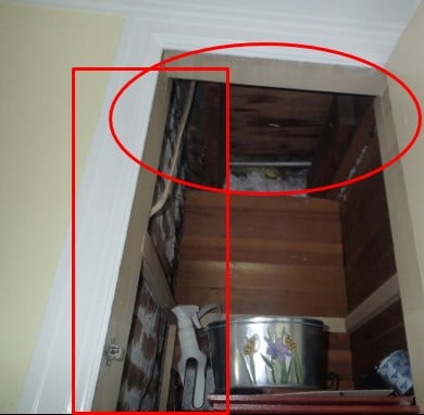 Large void to attic in pantry may be causing unconditioned air to move into the interior of the home. By running a bathroom fan in the home you may be negatively pressurizing the home and drawing attic air into the interior of the property. Highly consider closing this closet off and sealing all sides from attic and chimney. 