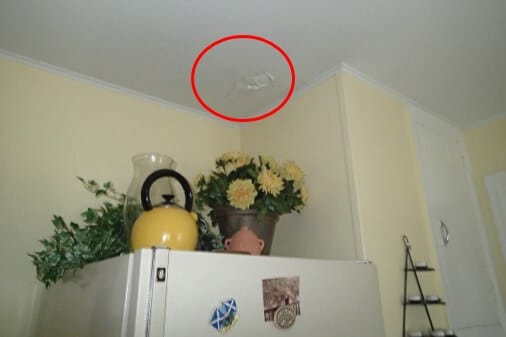 Two areas of water damage by roof leaks. Roof is scheduled for more extensive repairs to fix water issues.