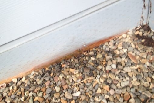 Overflowing gutter is dripping near building and intruding beneath