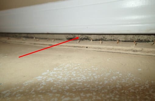 Sheetrock is touching slab allowing vapor to absorb into drywall, creating mold