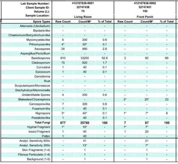 Basidiospore mold test results in home.