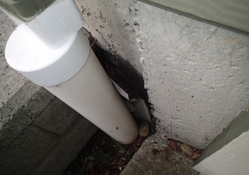 Possible area of water intrusion behind downspout.